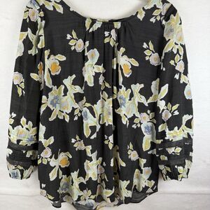 Lauren Conrad LC Top Womens Black Floral Long Sleeve Boho Peasant Romantic Sz L